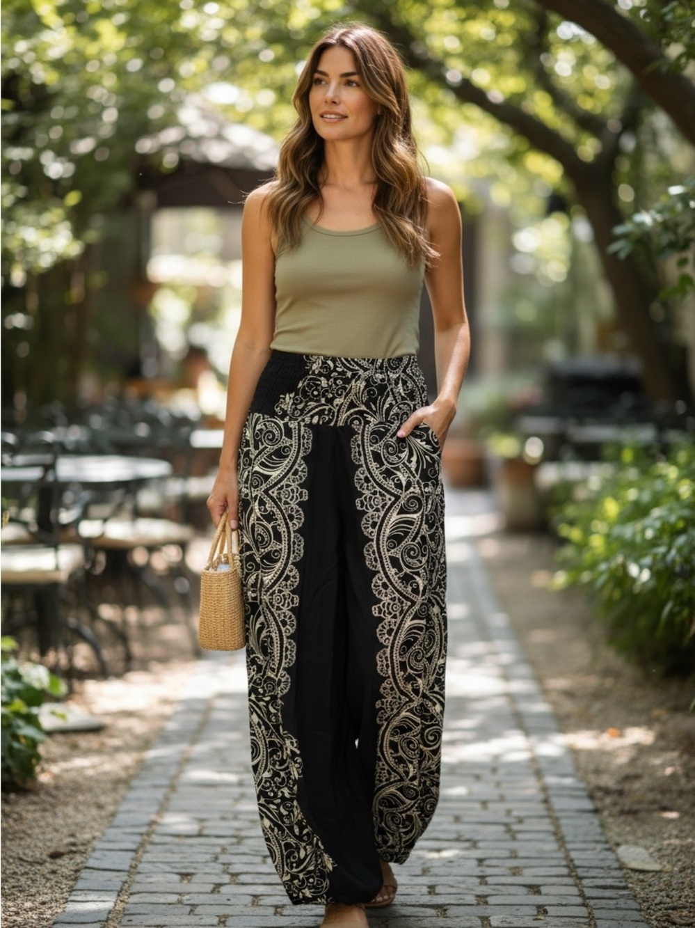 Women’s Black Paisley Wide-Leg Skirt-Pants